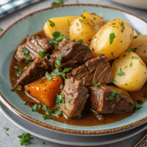 Hearty crockpot steak and potatoes served in a bowl, garnished with fresh parsley.