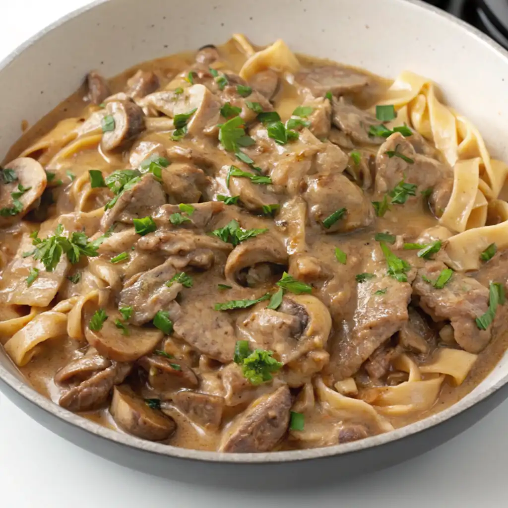 A close-up of creamy gluten free beef stroganoff with mushrooms, beef, and flat noodles, garnished with fresh parsley.
