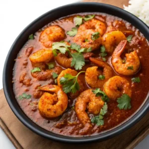 A dark bowl of vibrant red shrimp vindaloo, garnished with fresh green herbs, on a white plate.