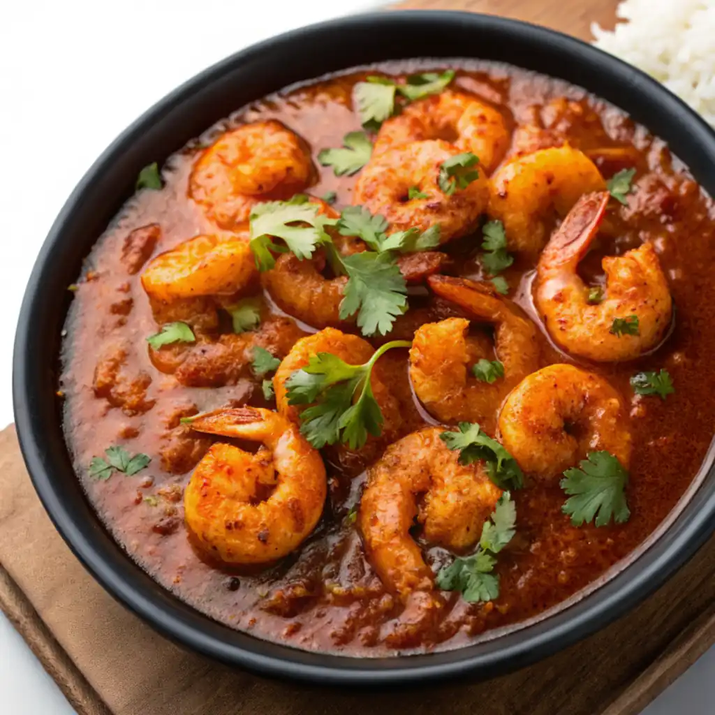 A dark bowl of vibrant red shrimp vindaloo, garnished with fresh green herbs, on a white plate.