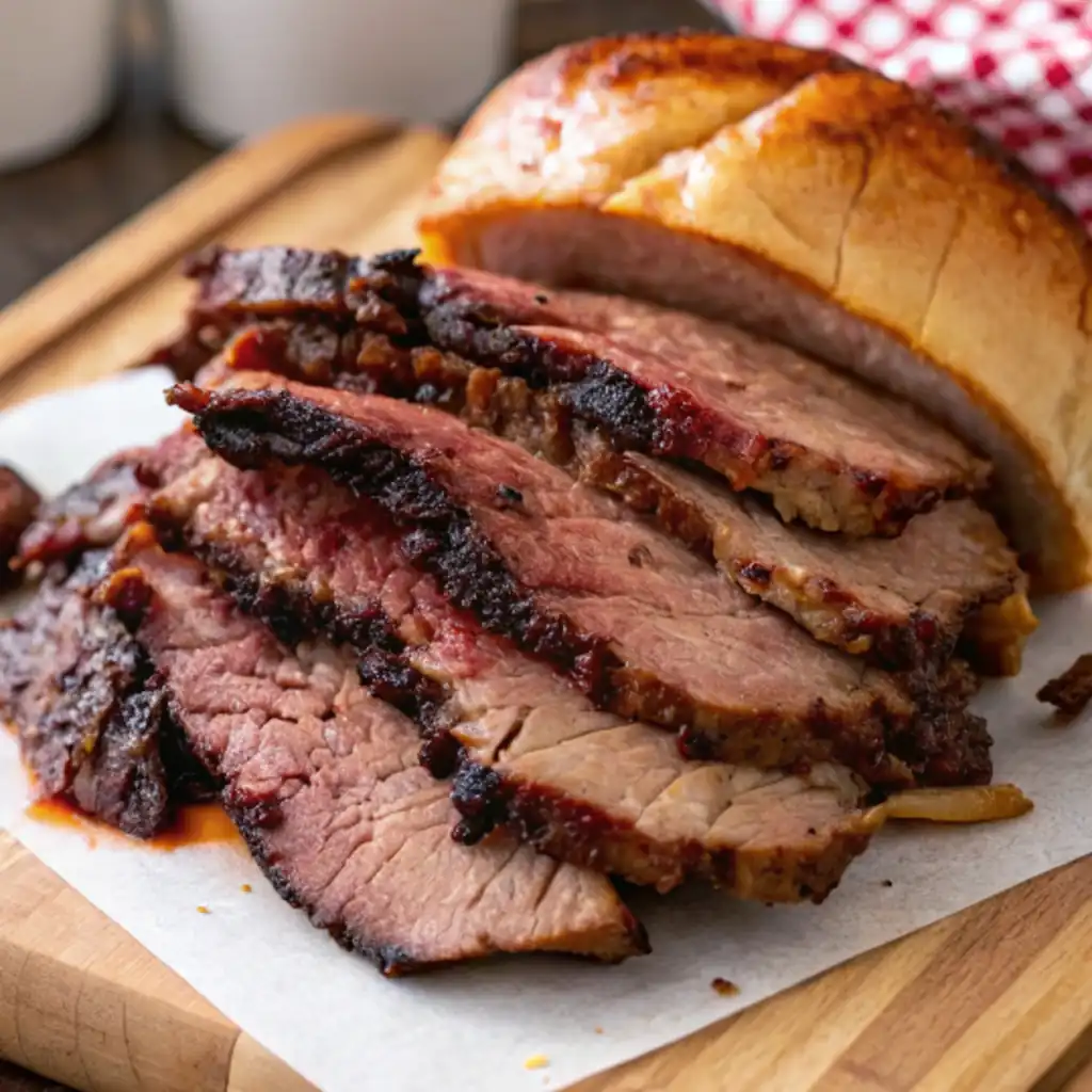Sliced smoked chopped brisket with a visible smoke ring and bark, arranged on parchment paper on a wooden board, with a bread roll.