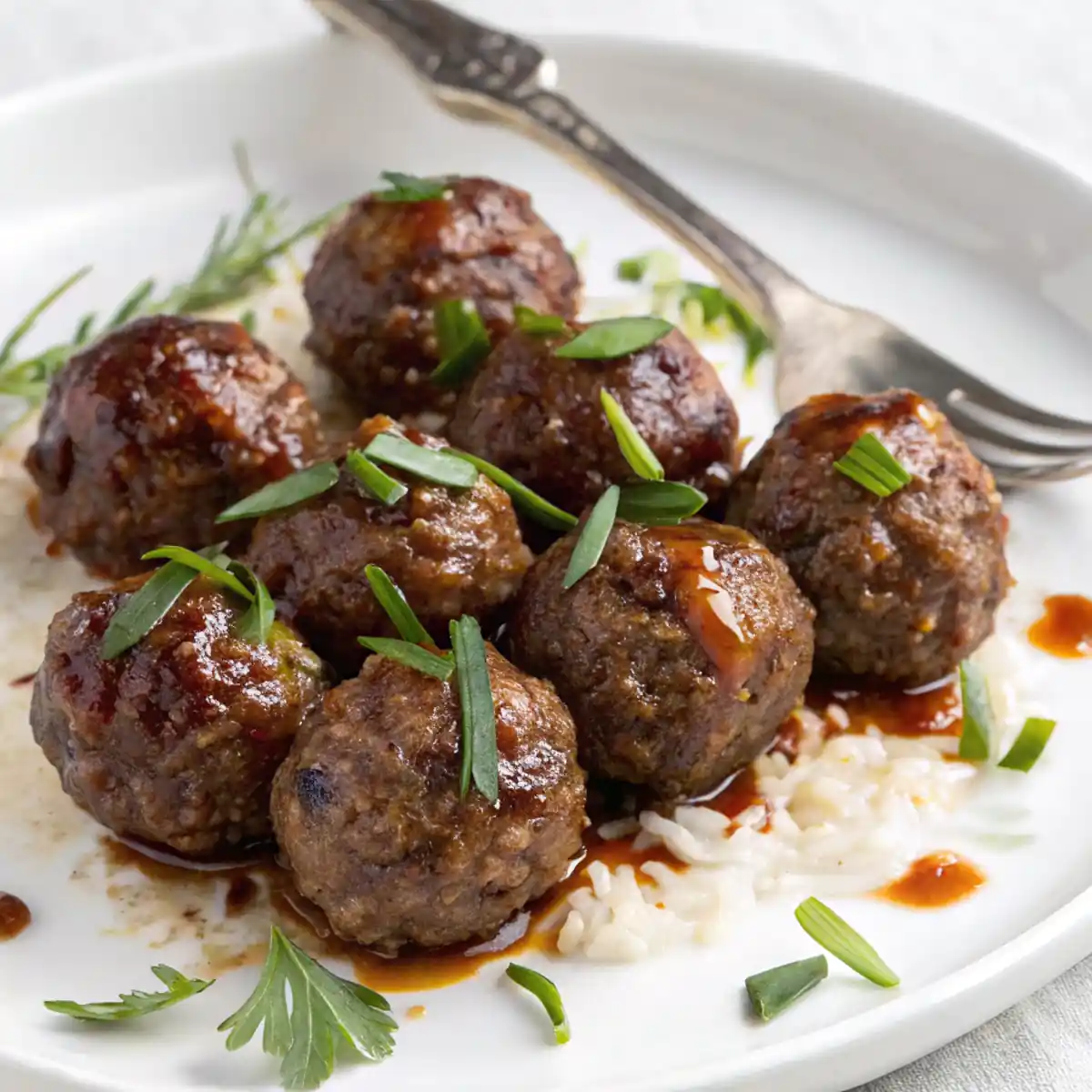 A plate of sauced Wagyu meatballs with herbs over rice, next to a fork.