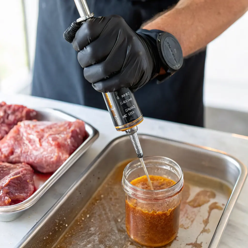 A gloved hand filling a Brisket injection from a jar of marinade, with raw meat in a tray nearby.