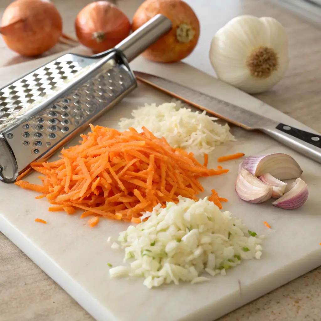 A white marble cutting board displays finely prepared vegetables: shredded carrots, diced white onion, and peeled garlic cloves. A grater and knife are beside them, with whole onions and a garlic head in the background.