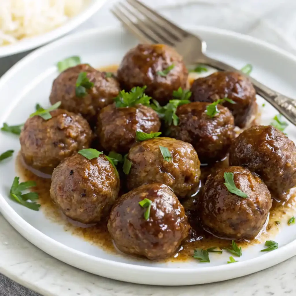 Cooked wagyu meatballs in a sauce, garnished with parsley, on a white plate with a fork.