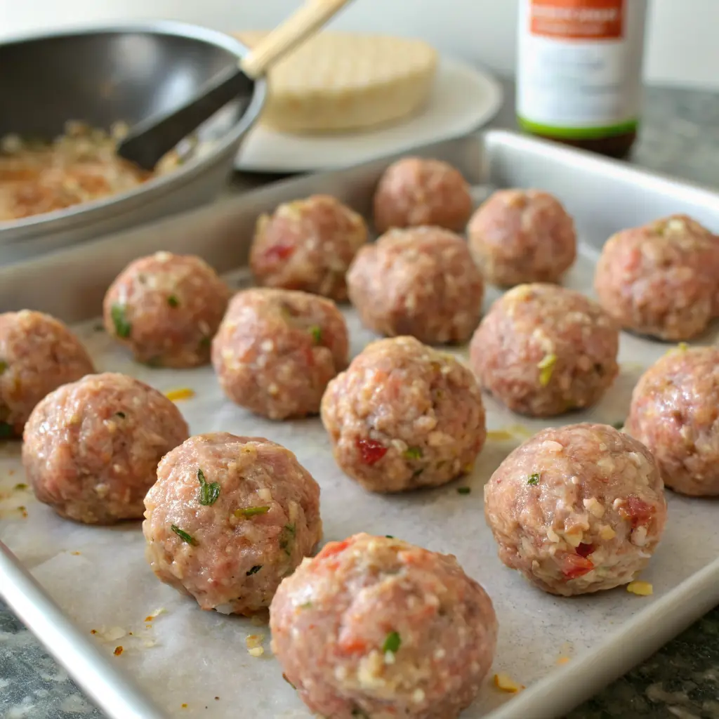 Raw meatballs, about 1.5 inches, lined on a baking sheet.