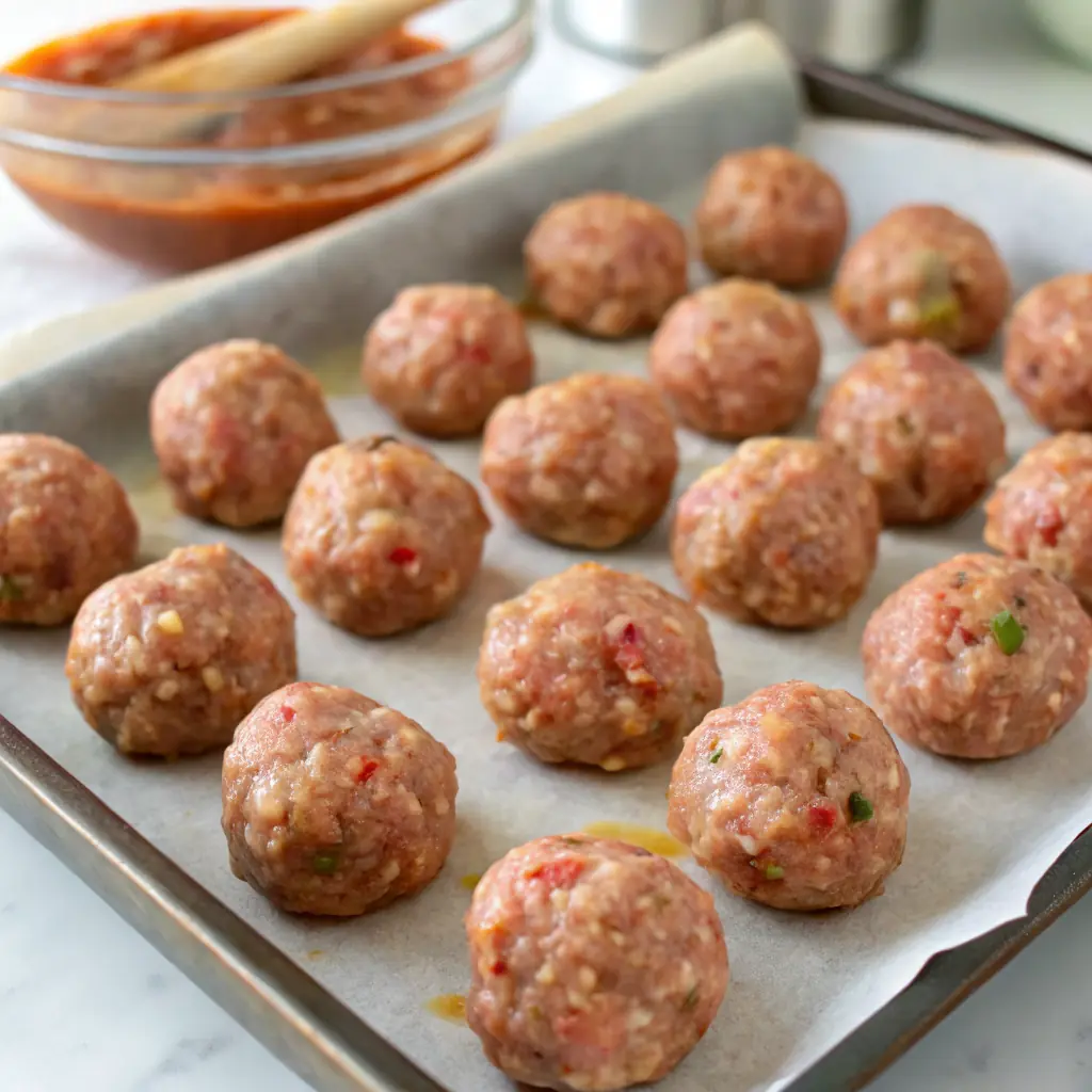Raw wagyu meatballs neatly arranged on a baking sheet lined with parchment paper.