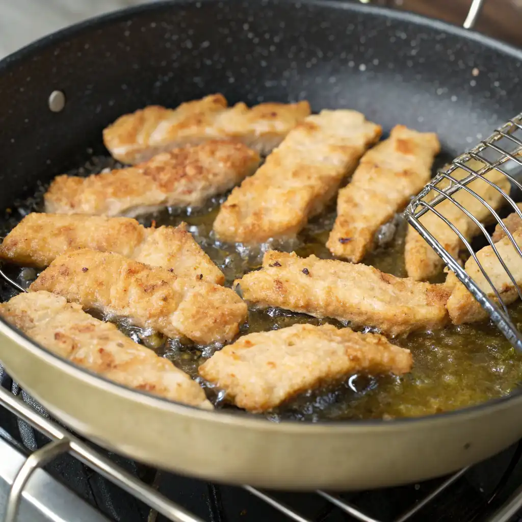 Finger-sized chicken strips being fried to golden brown in a pan with hot oil.