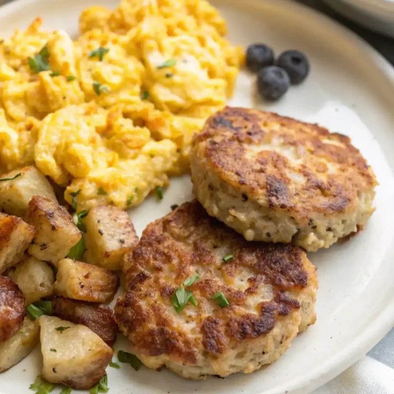 Turkey sausage patty cooked with scrambled eggs, roasted potatoes, and blueberries on a plate