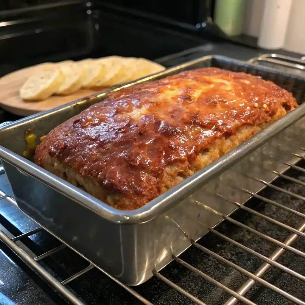A freshly baked meatloaf in a loaf pan on a wire rack, with a golden-brown, glazed top. Sliced bread is in the background.