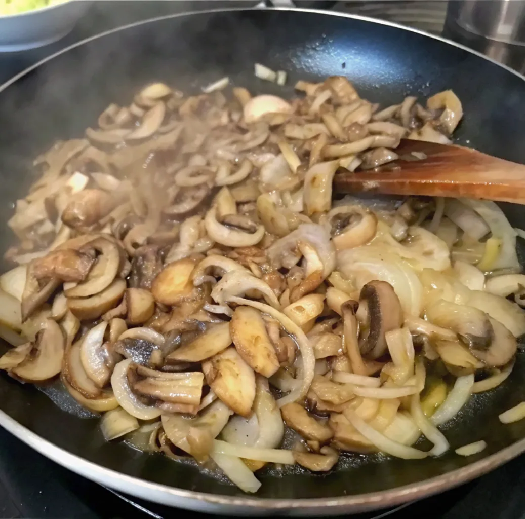 sliced mushrooms and onions being sautéed in a dark frying pan as a step in preparing the Gluten-Free Beef Stroganoff. They are browning and softening, and a wooden spoon is visible stirring the mixture.