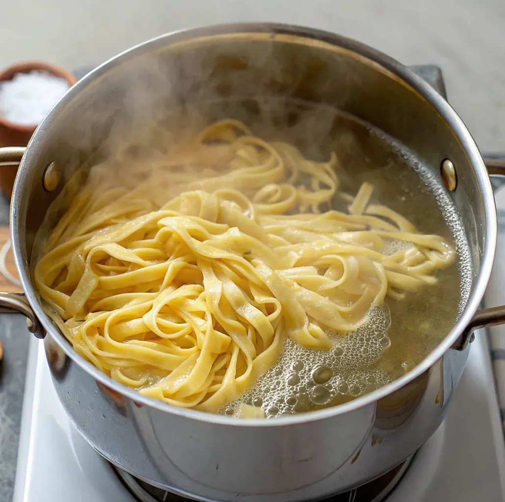 This image shows wide, flat gluten-free noodles being cooked in steaming, boiling water in a stainless steel pot on a stovetop.