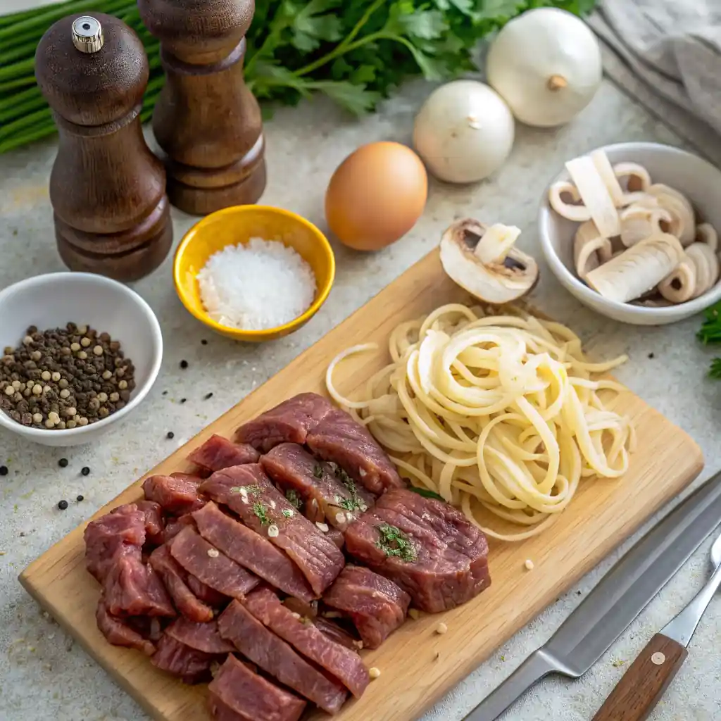 Raw beef strips, sliced onions, mushrooms, egg, and spices arranged on a cutting board, ready for gluten-free stroganoff preparation.