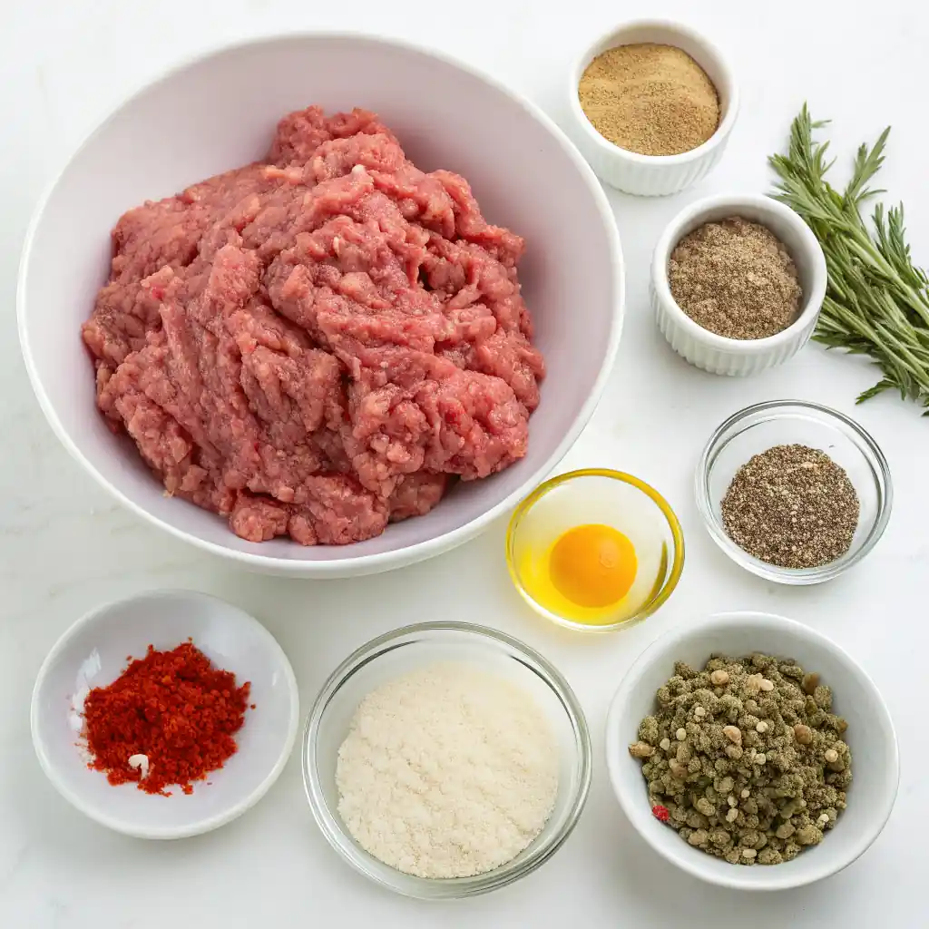 Ingredients for turkey sausage patties: Ground turkey, fennel seeds, paprika, black pepper and an egg.
