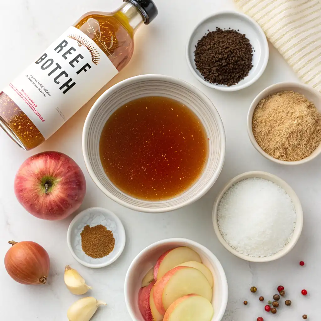 Overhead shot of ingredients for a Brisket injection recipe, including beef broth, Worcestershire sauce, apple cider vinegar, garlic, onion, spices, and an apple.