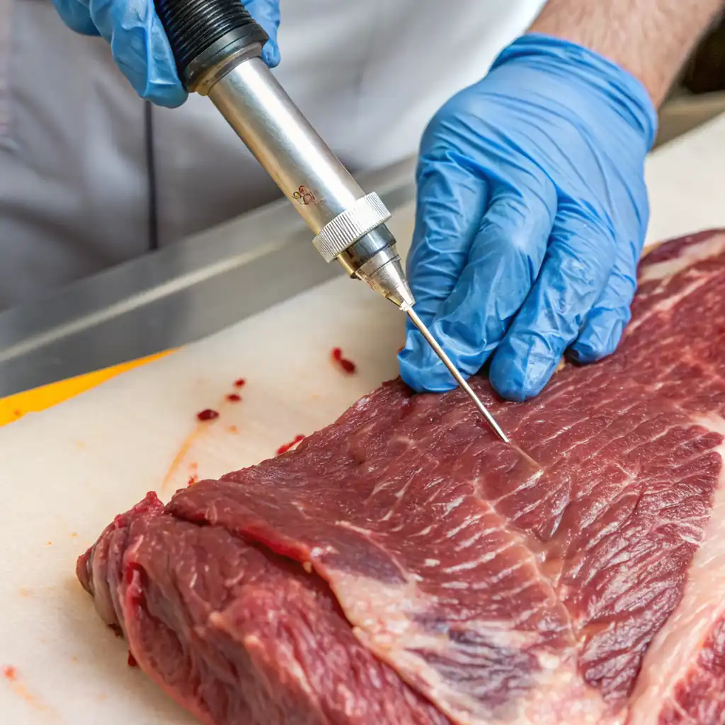 A person in blue gloves injecting a large cut of raw beef with a metal meat injector on a white cutting board.