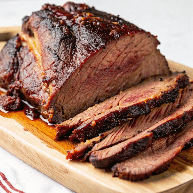 Slices of tender, smoked Brisket injection recipe with a dark, caramelised, juicy crust on a wooden cutting board