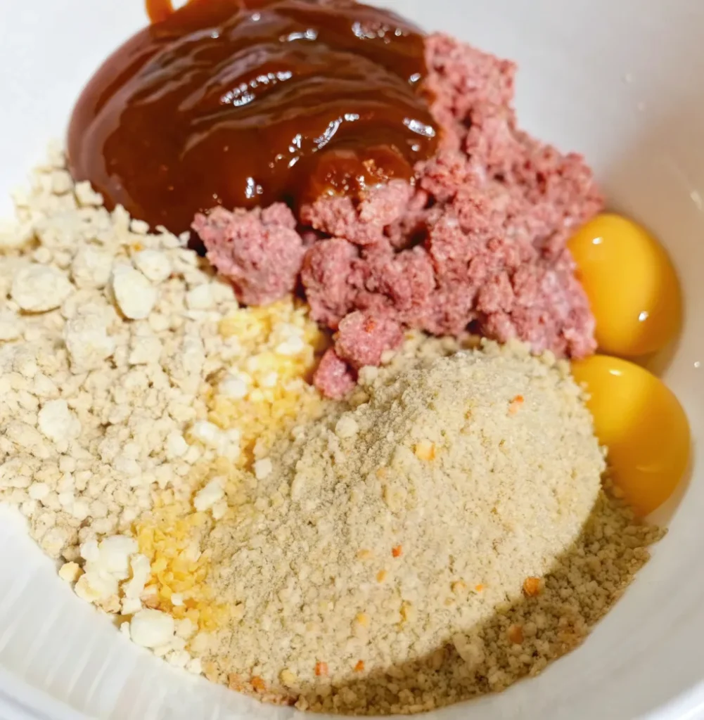 white bowl containing the ingredients for a Mac and Cheese Meatloaf Casserole: ground beef, breadcrumbs, two egg yolks, and a dollop of a sauce.