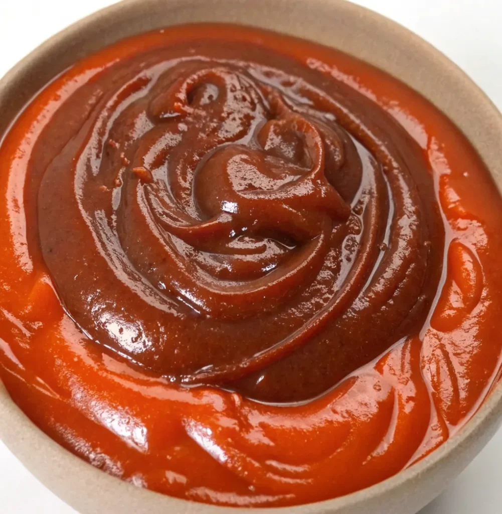 A small light brown bowl filled with a mixture of ketchup and barbecue sauce.