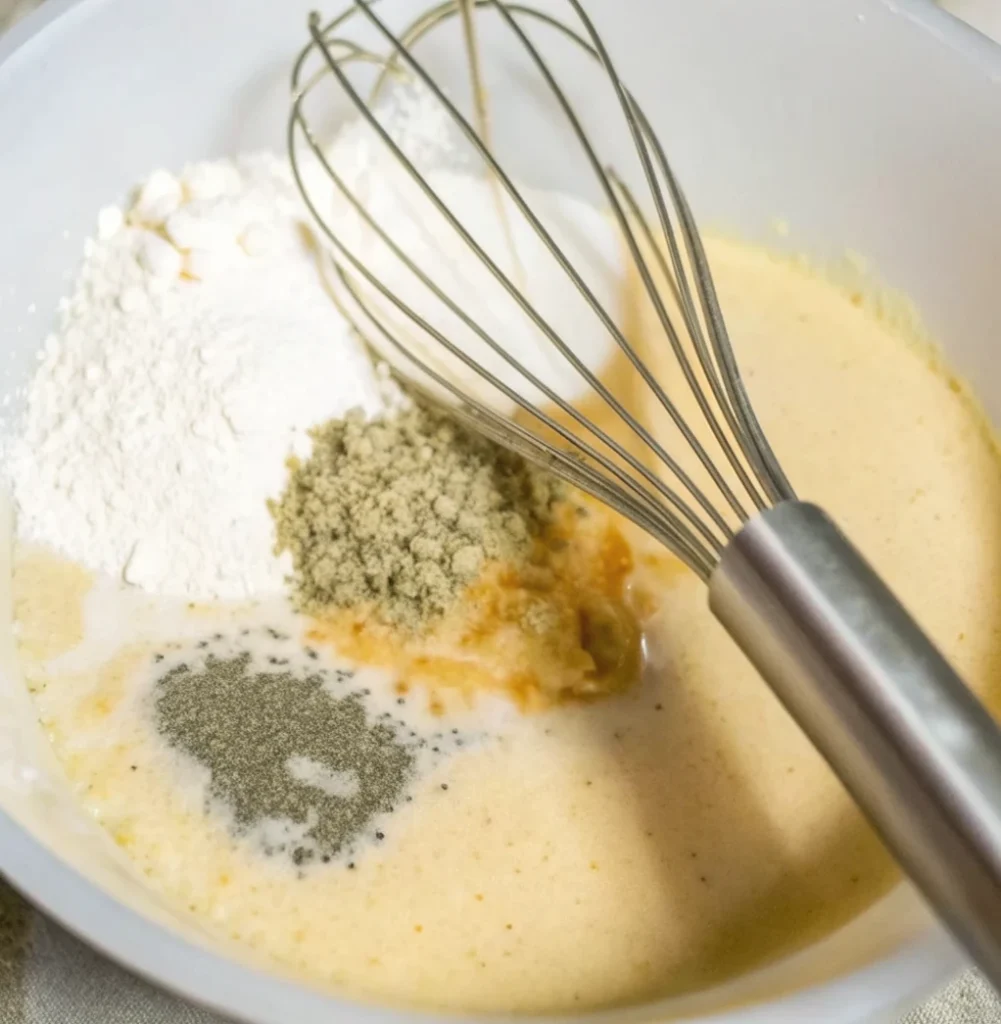 white bowl with the makings of a cheese sauce, including a liquid base, piles of flour, black pepper, and other seasonings, next to a metal whisk.