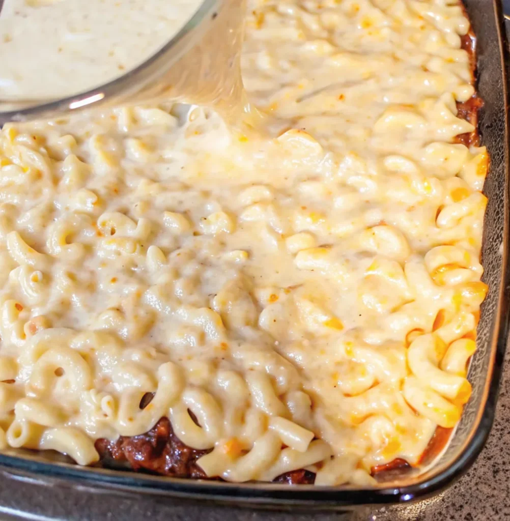 Close-up shot of a large, transparent glass baking dish covered with a layer of meat and macaroni and cheese, for a Mac and Cheese Meatloaf Casserole.