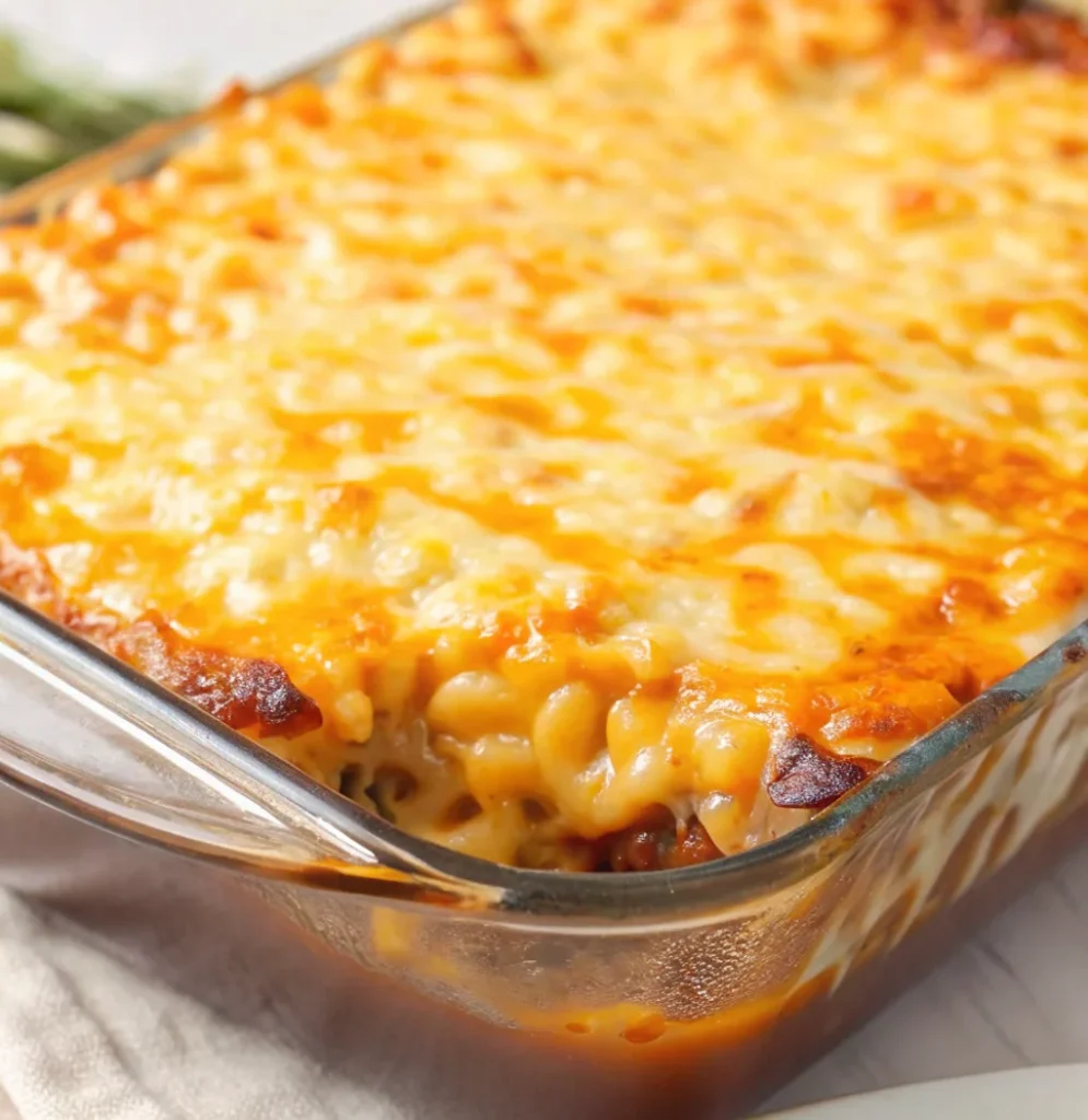 finished mac and cheese meatloaf casserole in a glass dish, baked until bubbling with a golden-brown, melted cheese crust on top.