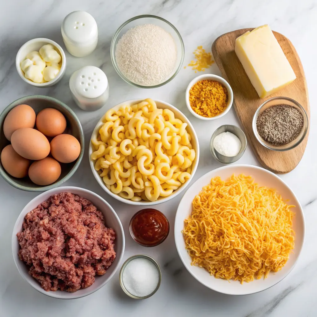ingredients for a mac and cheese meatloaf casserole, including ground beef, eggs, cavatappi pasta, shredded cheese, breadcrumbs, spices, and butter.
