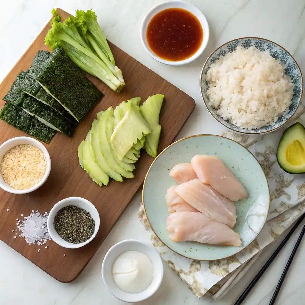 Ingredients for chicken tempura roll: chicken, rice, nori, avocado, lettuce, spices, and sauces on a wooden board.