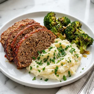 Slices of glazed, Meatloaf Without Breadcrumbs served on a plate alongside a mound of creamy mashed potatoes topped with fresh parsley and broccoli florets.