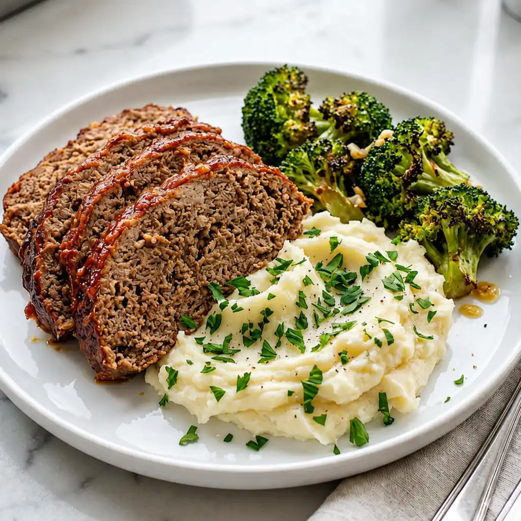 Slices of glazed, Meatloaf Without Breadcrumbs served on a plate alongside a mound of creamy mashed potatoes topped with fresh parsley and broccoli florets.