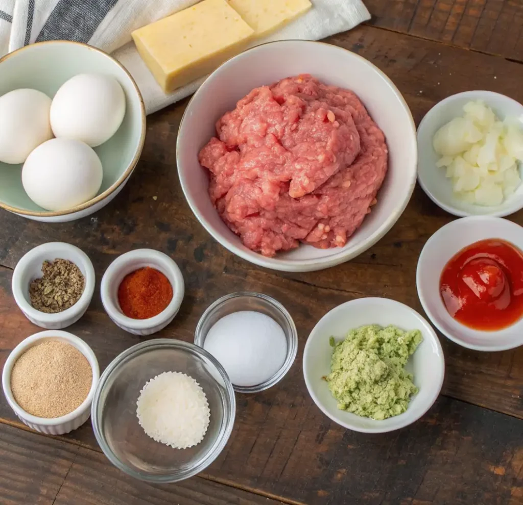 ingredients for a Meatloaf Without Breadcrumbs recipe, featuring ground meat, eggs, cheese, chopped onions, ketchup, and various spices arranged in bowls on a rustic wooden table.