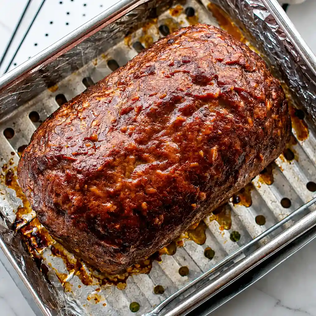 A golden-brown meatloaf, coated with a glossy layer of ketchup, sits on a metal grill rack inside a baking pan lined with aluminum foil. It has just come out of the oven, and the meatloaf has a caramelized surface.