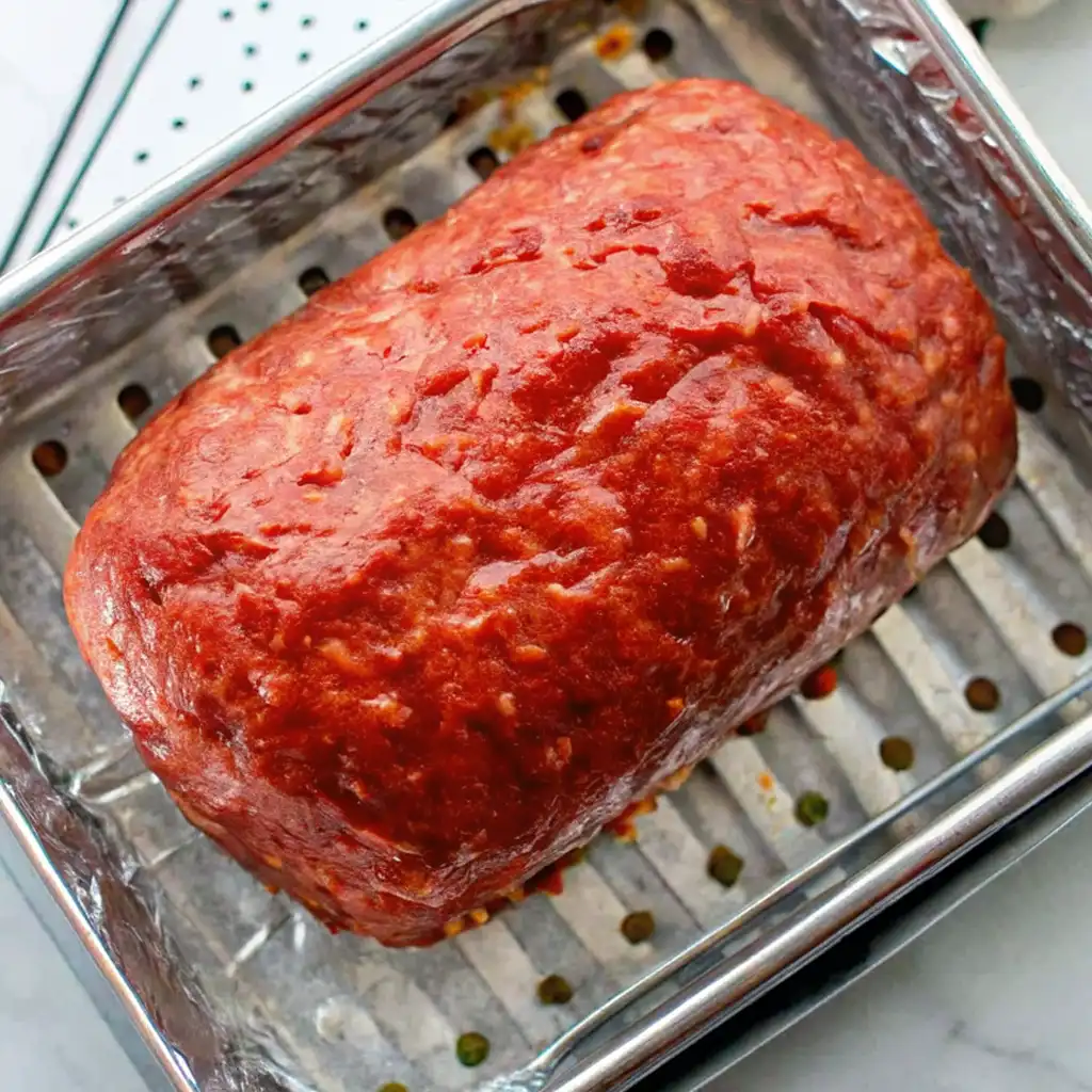 raw meatloaf molded into a loaf shape and resting in a metal loaf pan with drainage holes. It looks ready for the oven,