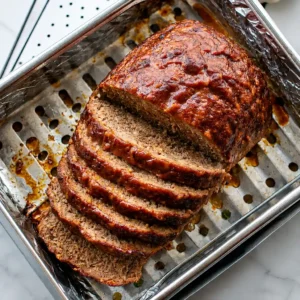 Meatloaf Without Breadcrumbs, sliced and coated with a glossy layer of ketchup, sits on a metal grill rack inside a baking pan lined with aluminum foil, revealing moist slices with the perfect texture