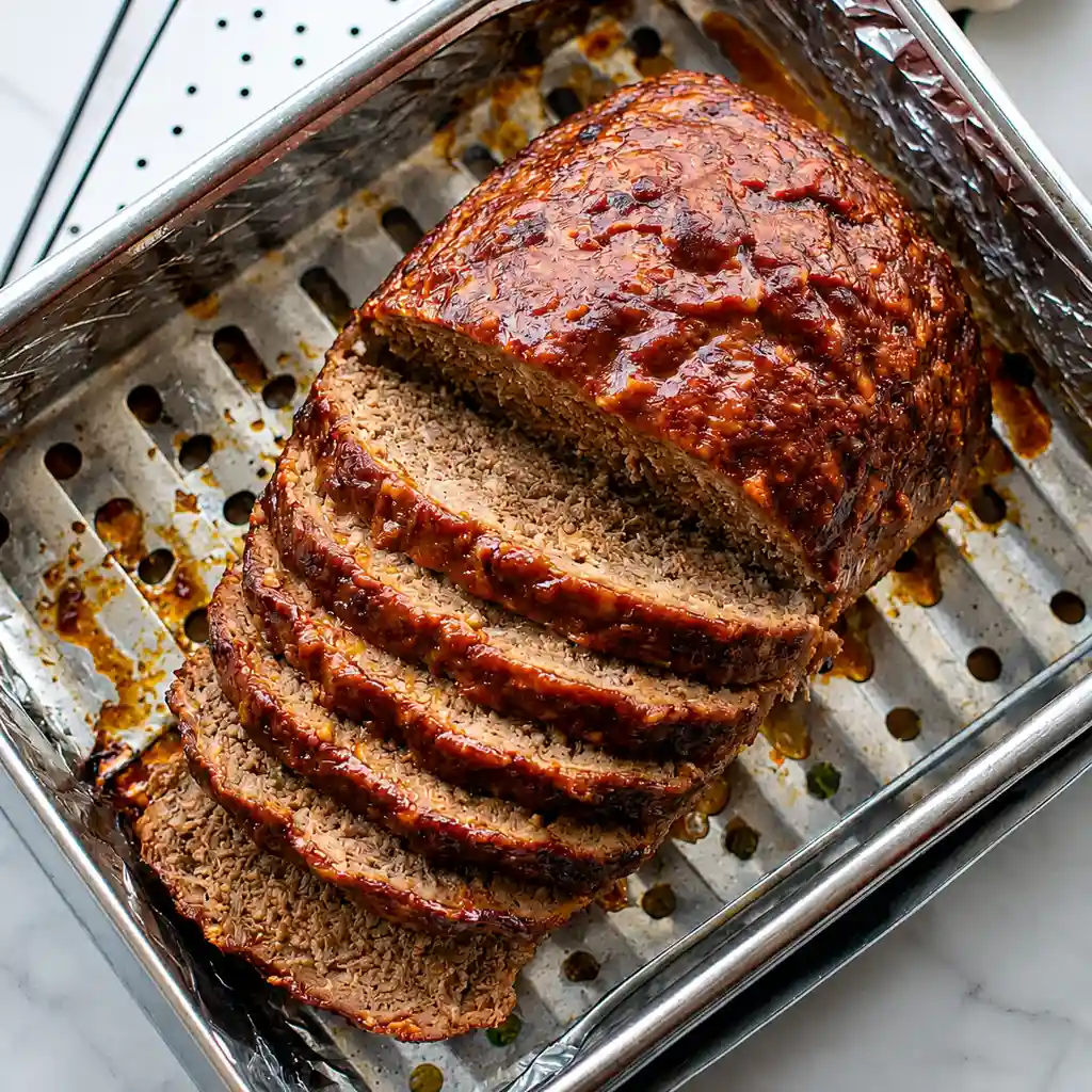 Meatloaf Without Breadcrumbs, sliced and coated with a glossy layer of ketchup, sits on a metal grill rack inside a baking pan lined with aluminum foil, revealing moist slices with the perfect texture