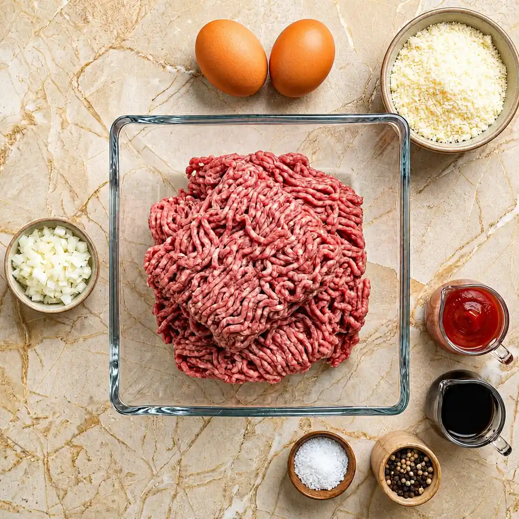 ingredients for meatloaf without breadcrumbs, including raw ground beef in a glass bowl, two eggs, grated cheese, diced onions, ketchup, Worcestershire sauce, salt, and peppercorns.
