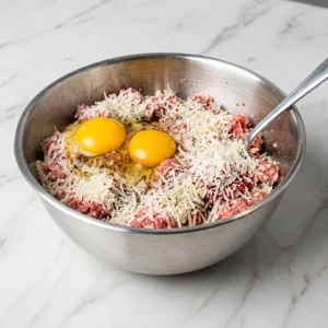 Raw ground beef, two cracked eggs, grated cheese, and seasonings gathered in a stainless steel mixing bowl with a spoon, ready to be combined for breadcrumb-free meatloaf.