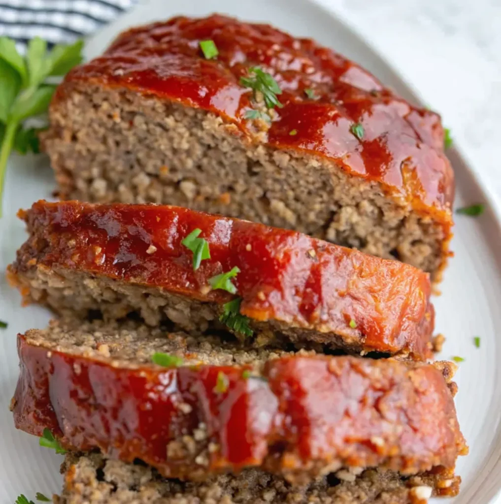 a thick-sliced, cooked Meatloaf Without Breadcrumbs resting on a white platter. The loaf has a hearty texture and is beautifully coated in a rich, glossy tomato glaze and sprinkled with fresh green herbs.