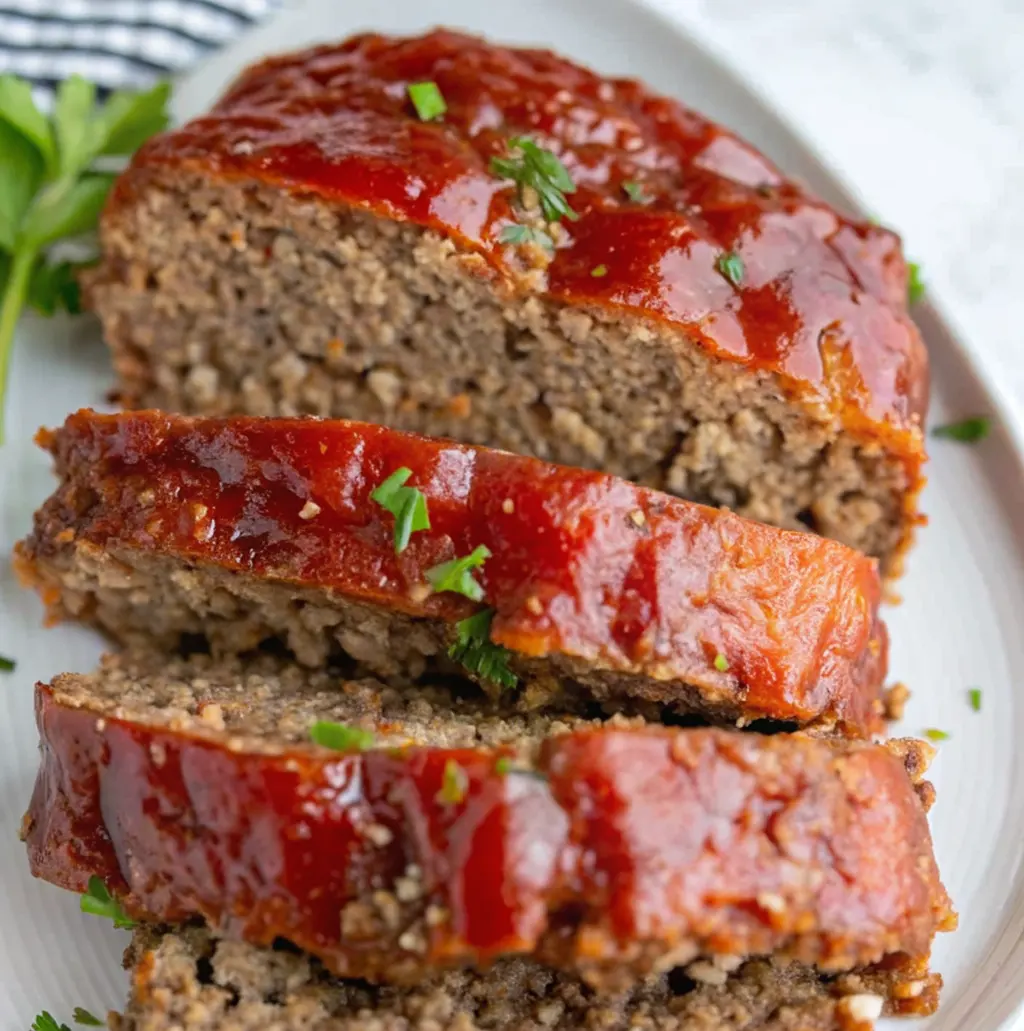 a thick-sliced, cooked Meatloaf Without Breadcrumbs resting on a white platter. The loaf has a hearty texture and is beautifully coated in a rich, glossy tomato glaze and sprinkled with fresh green herbs.