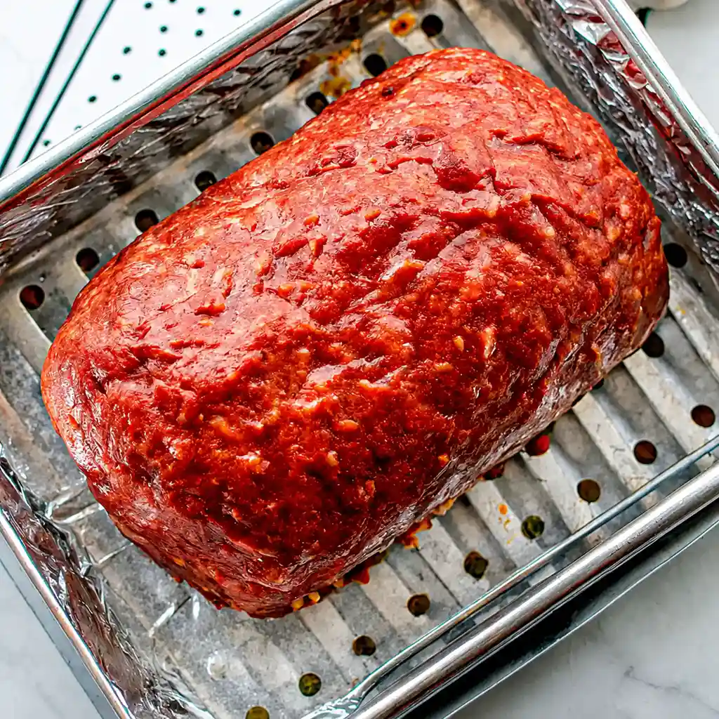 An unbaked meatloaf mixture, shaped into a compact loaf and coated in a red tomato glaze, sits on a metal broiler rack inside a foil-lined pan before baking.