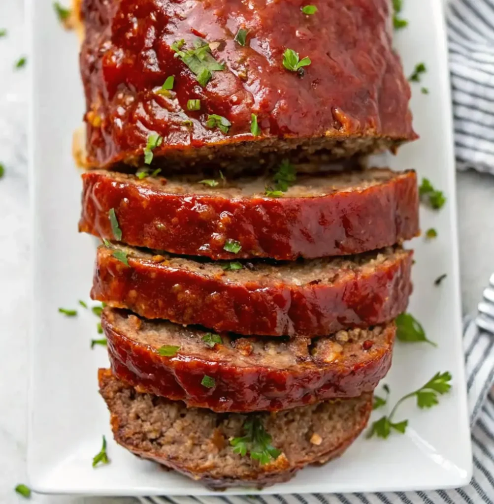 cooked and sliced Meatloaf Without Breadcrumbs with a shiny, thick tomato glaze and garnished with freshly chopped herbs.