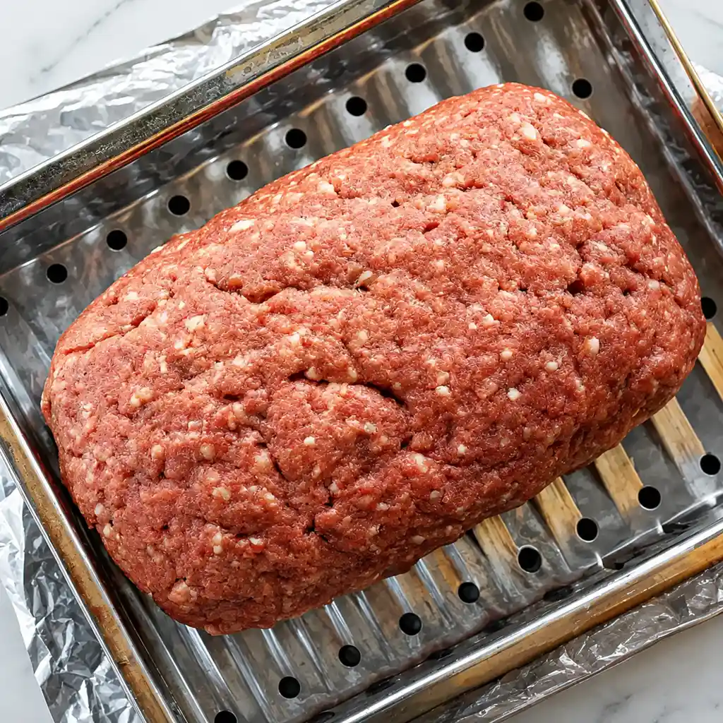 A raw ground beef meatloaf mixture, shaped into a compact loaf showing visible flecks of cheese and onion, sits unglazed on a metal broiler rack inside a foil-lined pan.