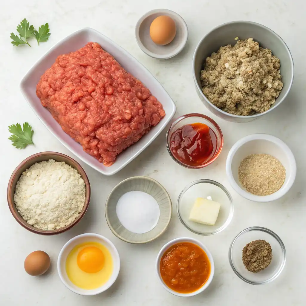 Assorted Meatloaf Without Breadcrumbs ingredients arranged on a white surface, including ground beef, egg, rolled oats, grated carrots, grated onion, tomato paste, milk, minced garlic, Worcestershire sauce, salt, black pepper, and dried thyme.