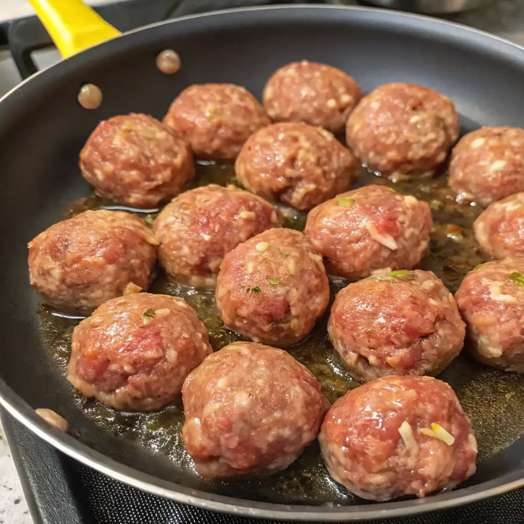 A close-up view of a non-stick skillet on a stovetop, filled with approximately a dozen raw Mississippi Meatballs browning in hot oil.
