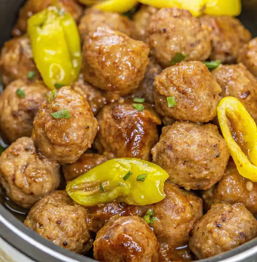 A close-up of cooked Mississippi Meatballs covered in a rich brown glaze and garnished with bright yellow-green pepperoncini peppers in a serving bowl.