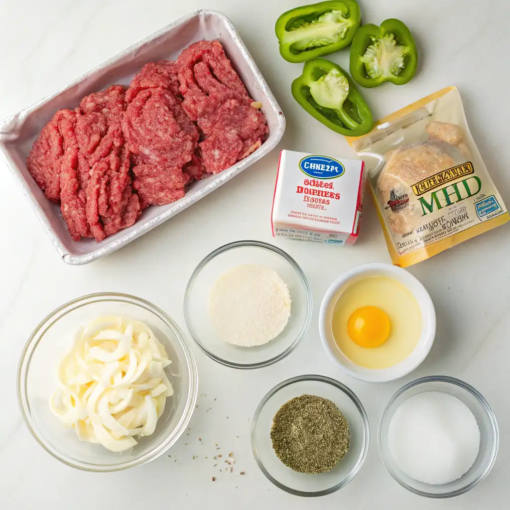 Ingredients for Mississippi Meatballs, including ground beef, sliced provolone or mozzarella, egg, breadcrumbs, green bell pepper, parmesan cheese, seasonings, and sugar.