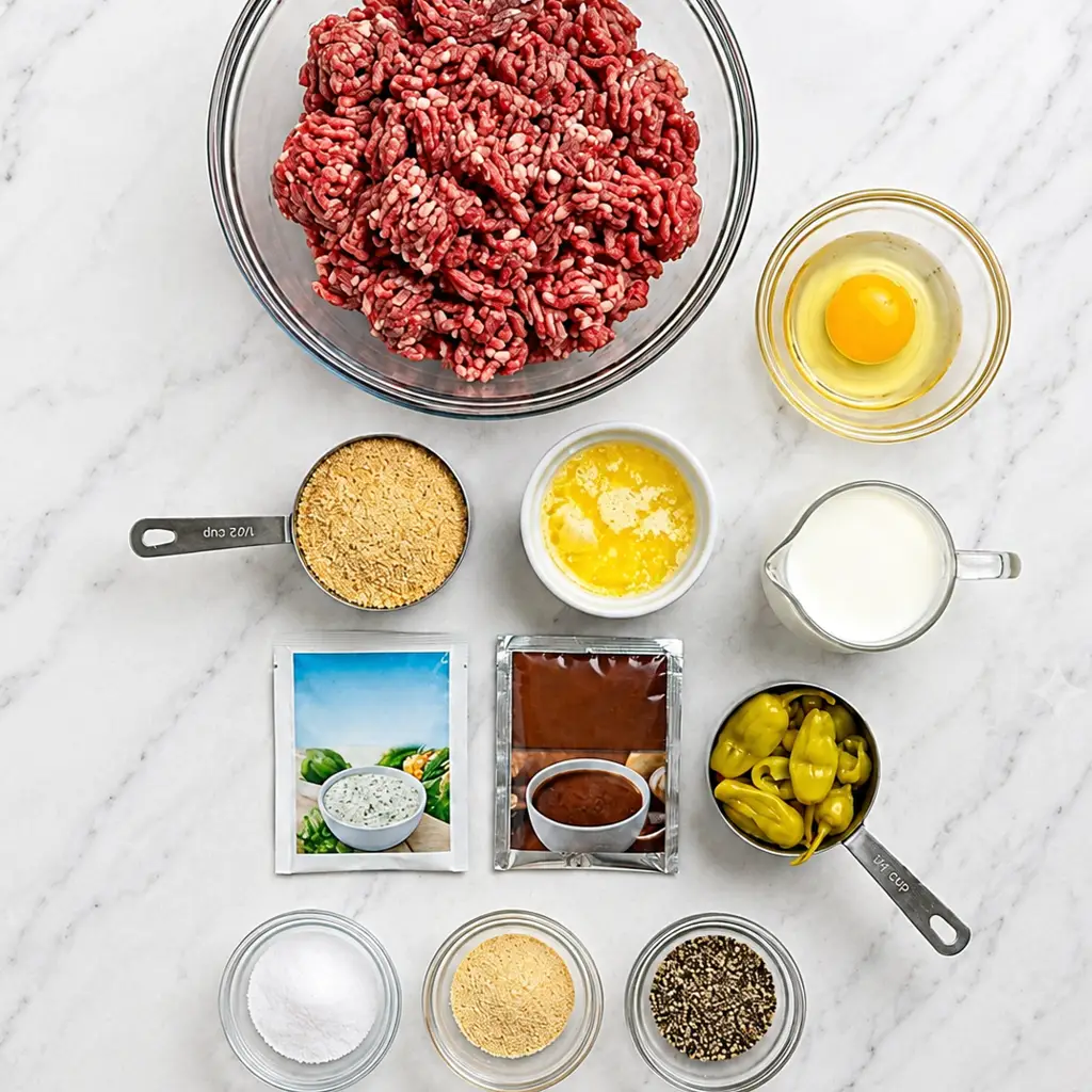 Ingredients for Mississippi Meatballs, including ground beef, packet ranch dressing packet au jus gravy mix, egg, breadcrumbs, pepperoncini peppers, butter, seasonings, and whole milk.