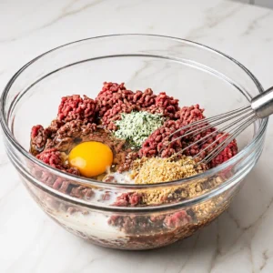 Mix the ground beef, ranch dressing, “O’Jus” sauce, egg, breadcrumbs, and milk in a large glass bowl