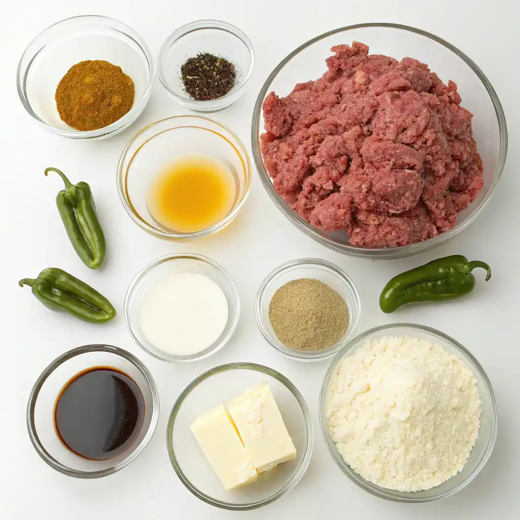 Ingredients for Mississippi Meatballs: ground beef, spices, butter, liquids, and peppers.