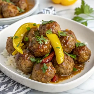 A bowl of Mississippi Meatballs with rice, garnished with peppers and parsley.